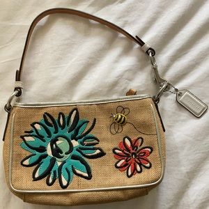 COACH Straw Floral Bumblebee Leather Pouchette